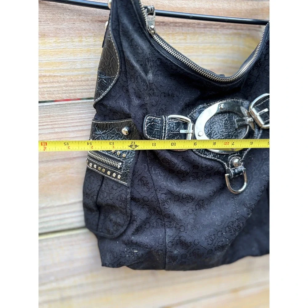 Guess Black Monogram Canvas Hobo Bag Patent Trim Studded Y2K Large G Logo